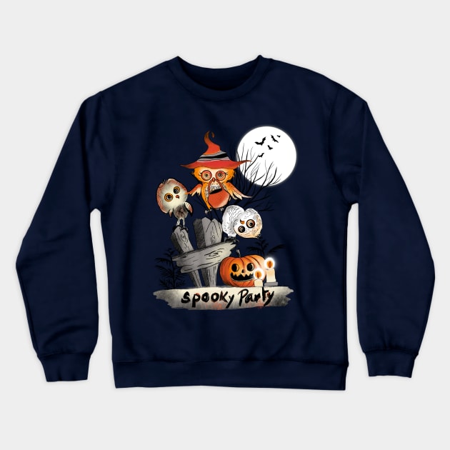 Cute Owls’ Spooky Party _ what we do at Halloween Night _ Ink Illustration Crewneck Sweatshirt by Shadesandcolor